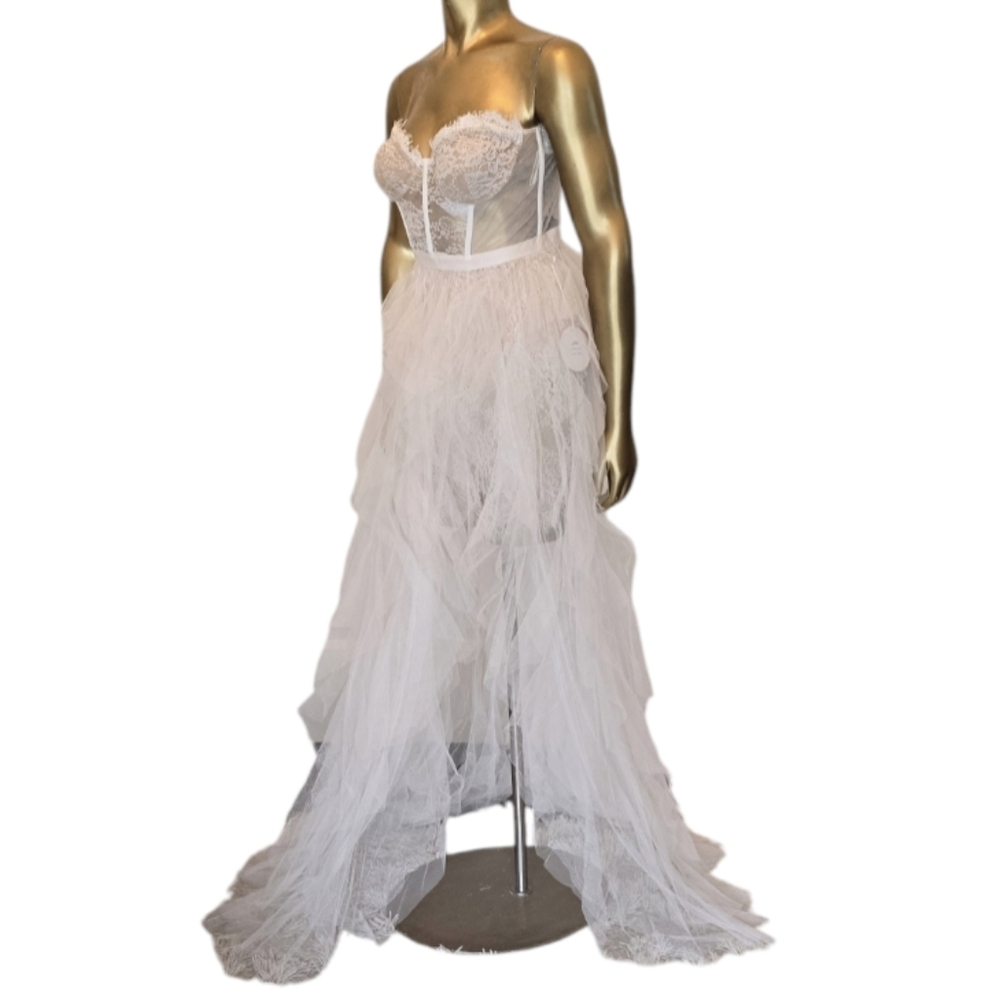 Luxxel Strapless Blush Pink Feather Tulle Gown - Picture 3 of 9